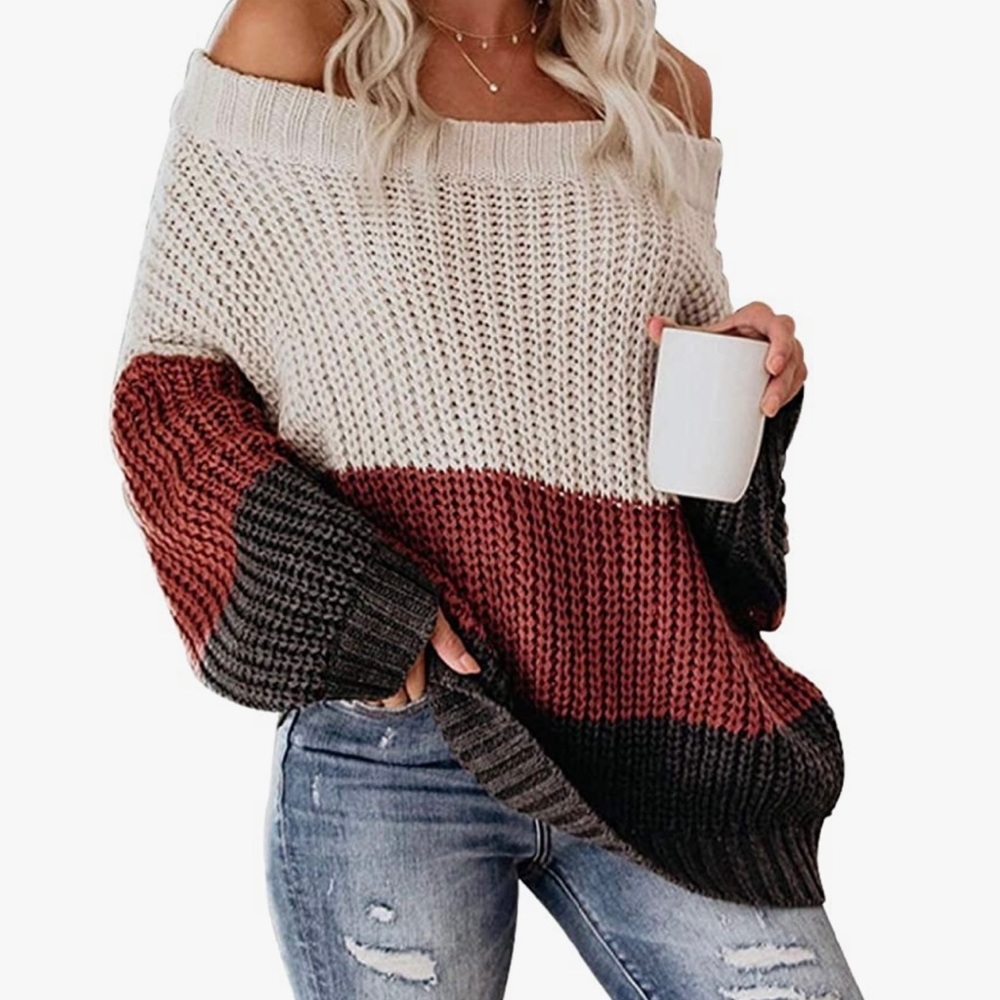 Off The Shoulder Chunky Color Block Sweater - image 1
